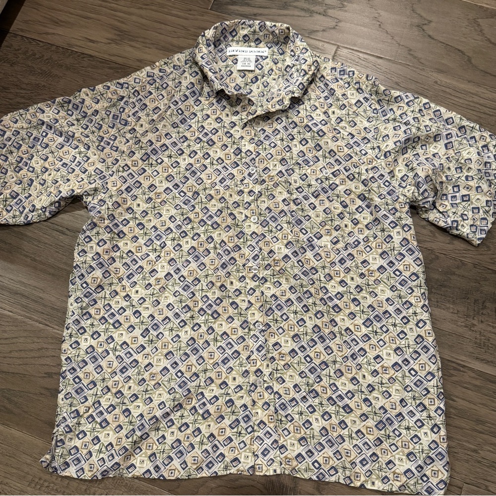 Vintage Irvine Park 100% Silk Cream and Blue Button Down‎ Shirt Men’s L